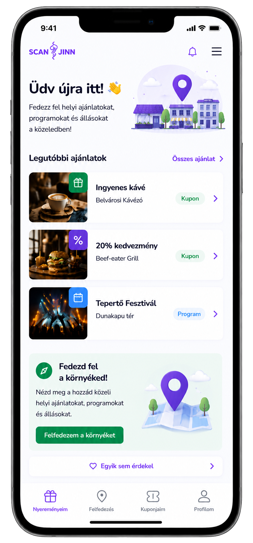 Helyi felfedezés mobil képernyő
